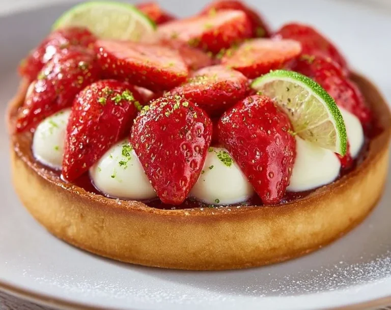 Une délicieuse tarte aux fraises avec vanille et citron vert, prête à être dégustée.