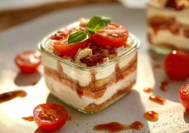 Tiramisu de tomates et feta présenté sur une assiette.