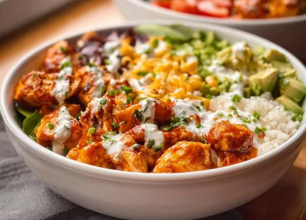 Bol de poulet Buffalo épicé avec légumes frais et sauce piquante