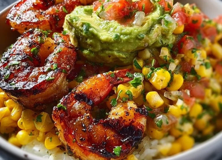 Bol de crevettes grillées avec salsa avocat-maïs frais et coloré