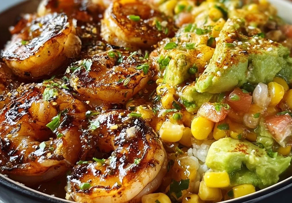 Bol nourrissant de crevettes grillées et salsa avocat-maïs