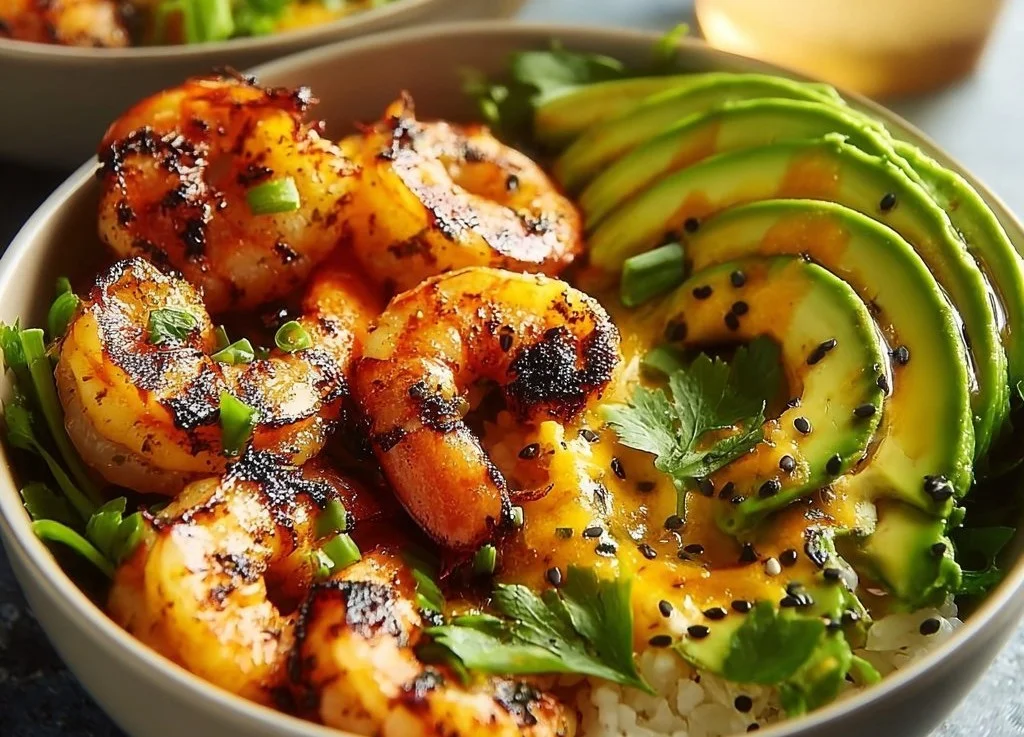 Bols nourrissants avec crevettes grillées et avocat, plat délicieux et sain