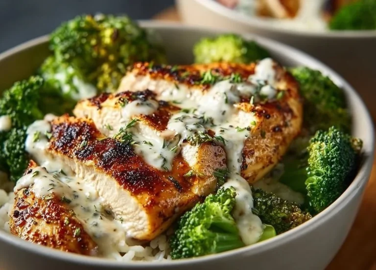 Bols de poulet grillé et brocoli avec sauce crémeuse à l'ail