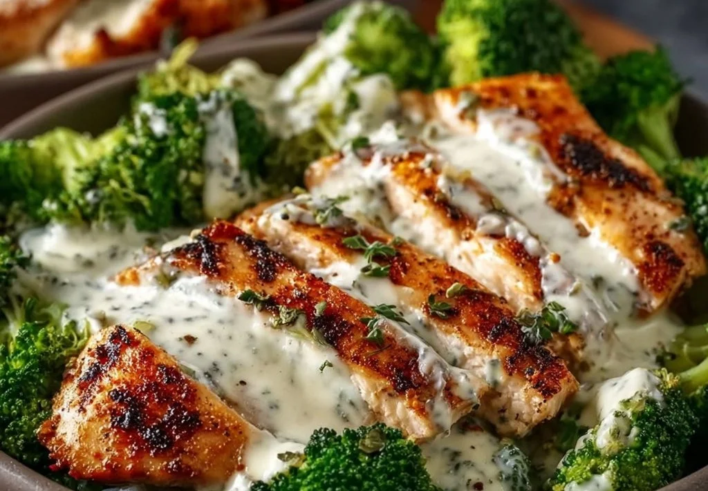 Bols nourrissants de poulet grillé et brocoli, sauce crémeuse à l’ail