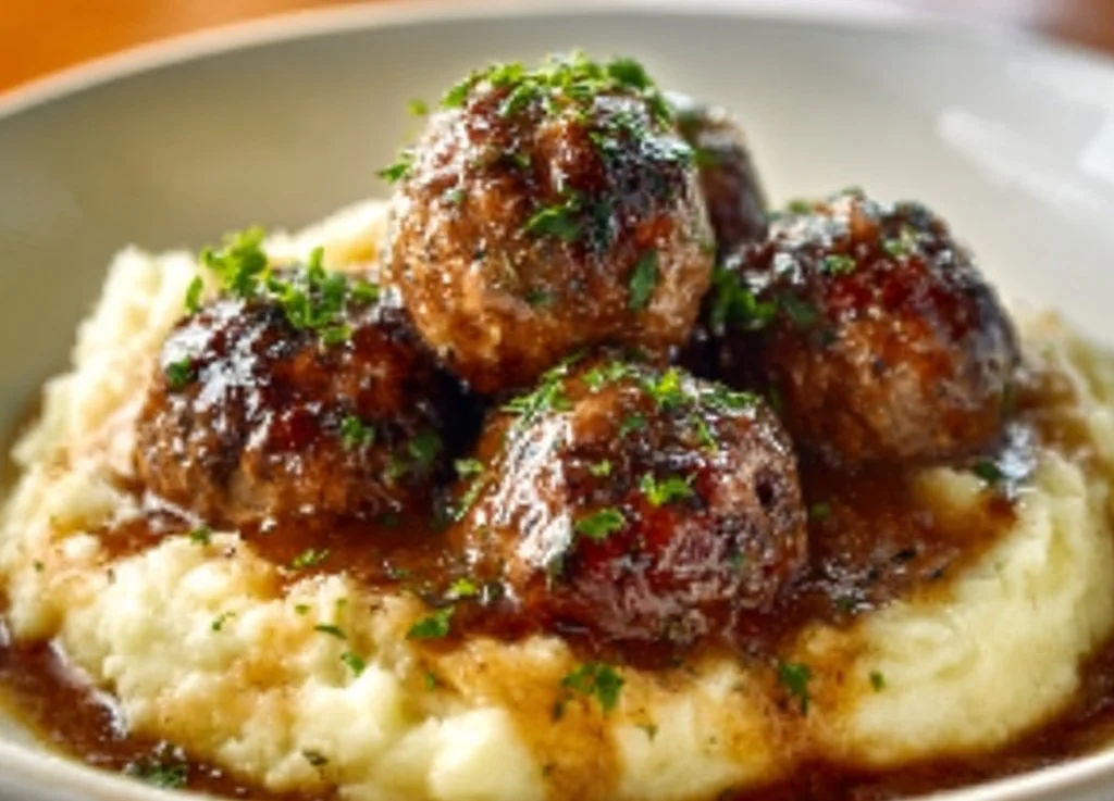 Boulettes de viande accompagnées de purée de pommes de terre à l'ail