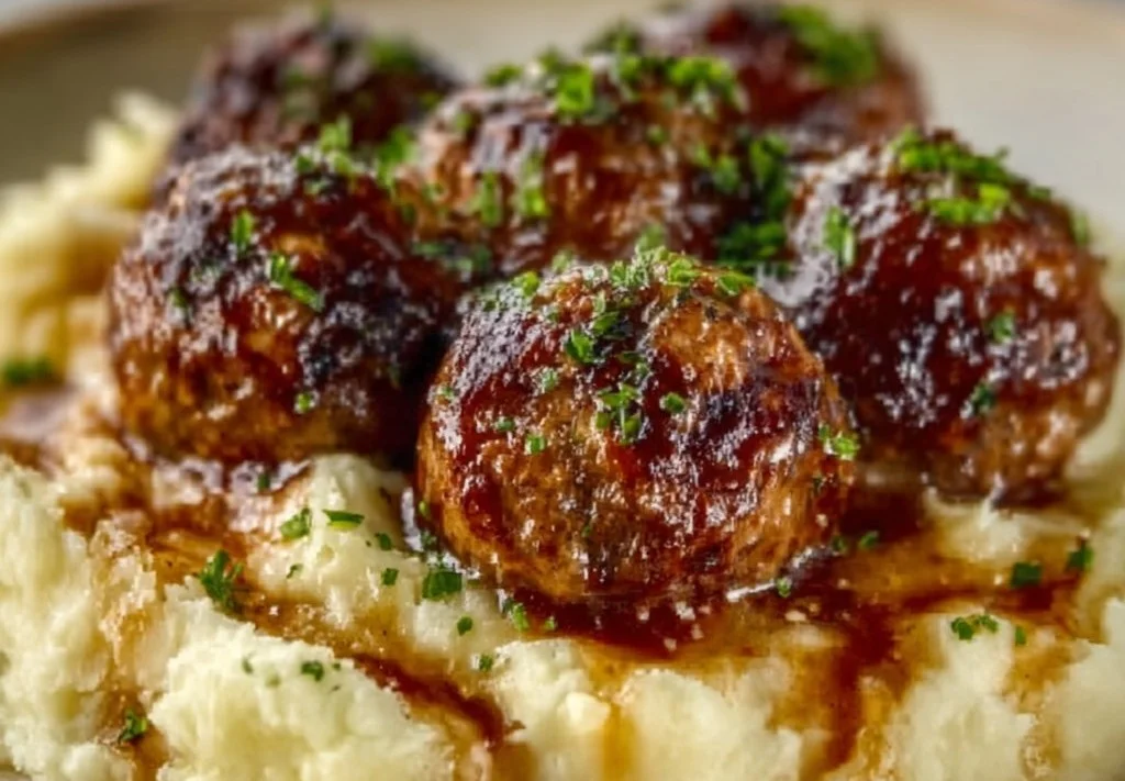 Boulettes de viande accompagnées d'une purée de pommes de terre à l'ail