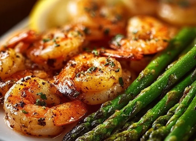 Crevettes à l’ail servies sur un lit d’asperges citronnées, plat délicieux et coloré.
