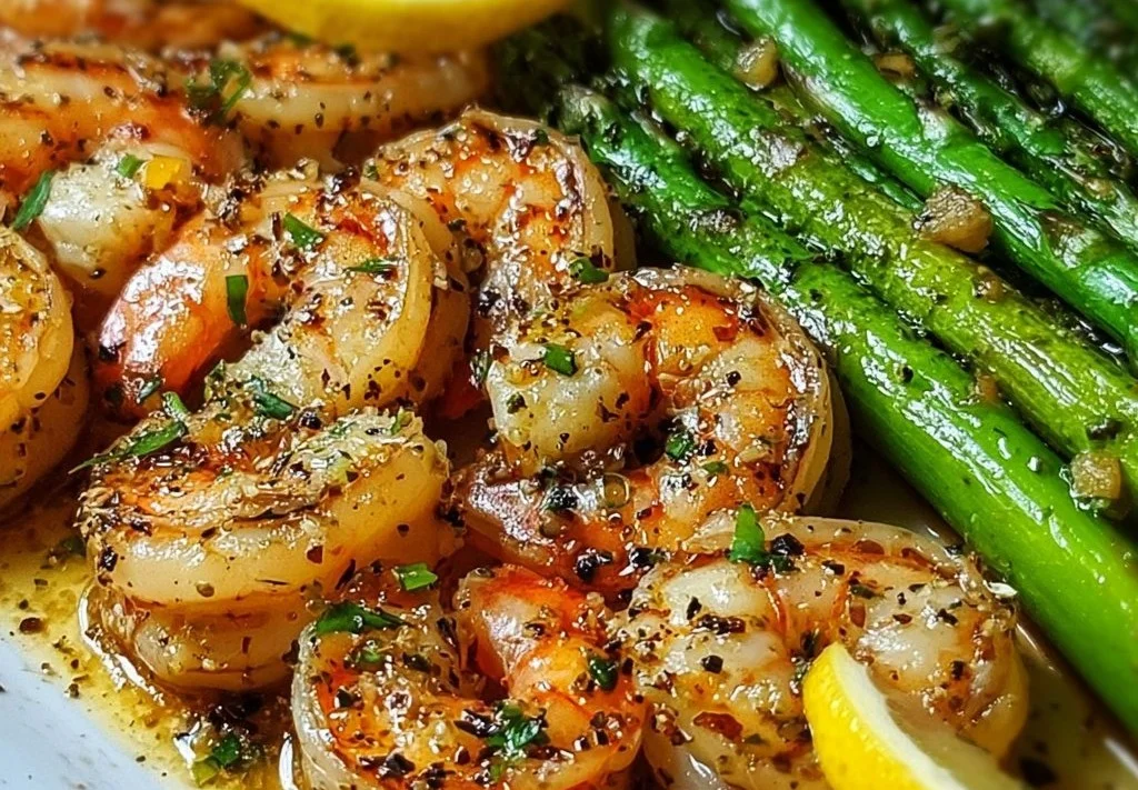 Crevettes à l’ail sur lit d’asperges citronnées