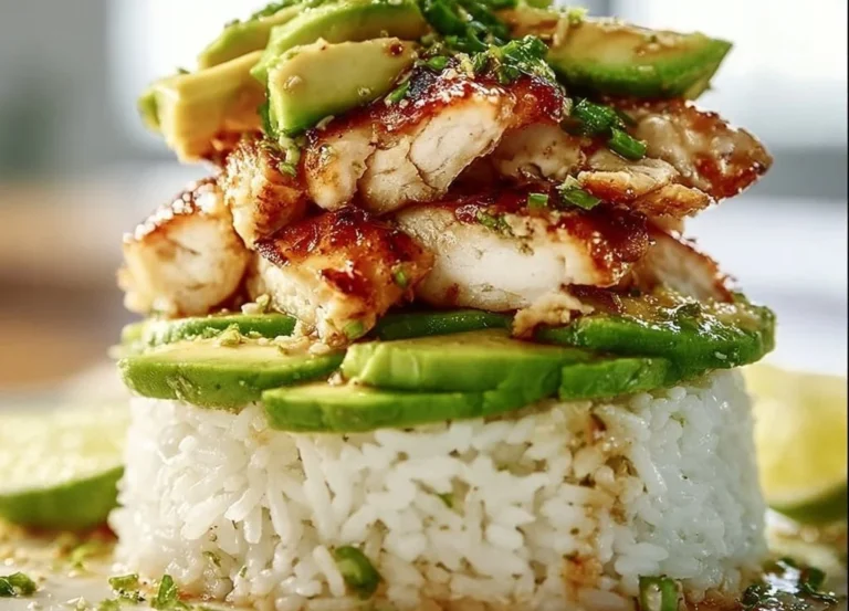 Empilement de riz au poulet avec avocat et miel au citron vert, plat appétissant.