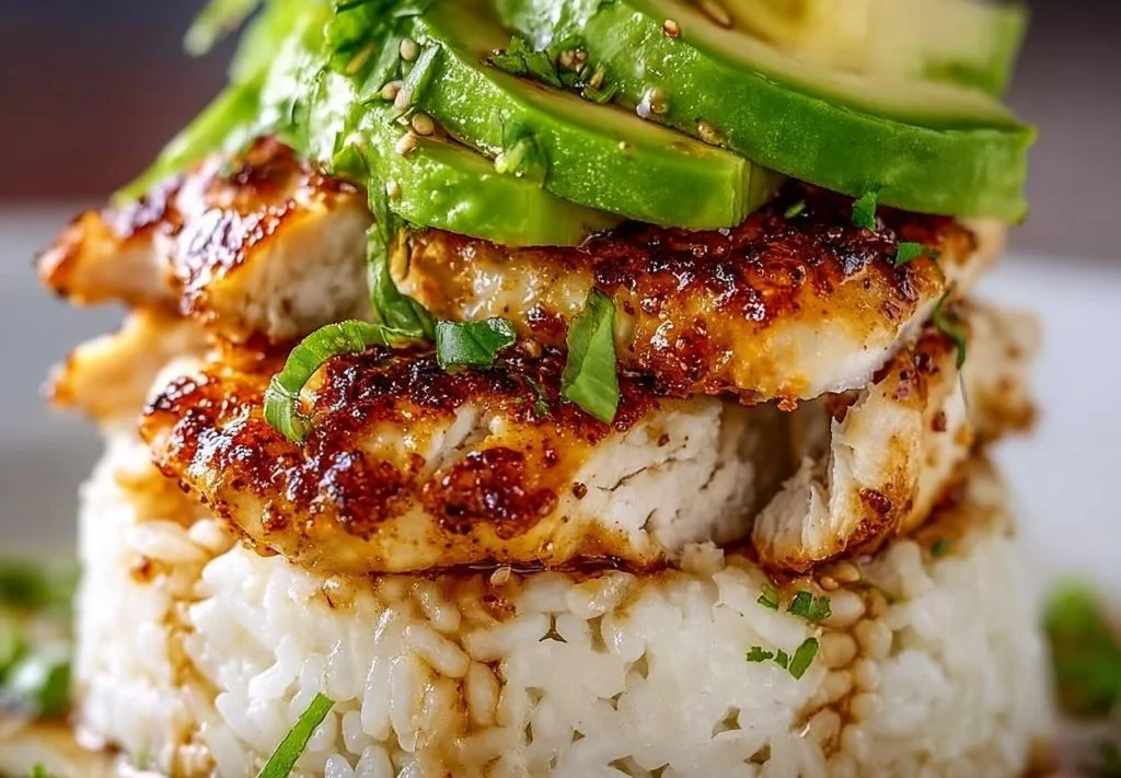 Empilement de riz au poulet, avocat et miel au citron vert