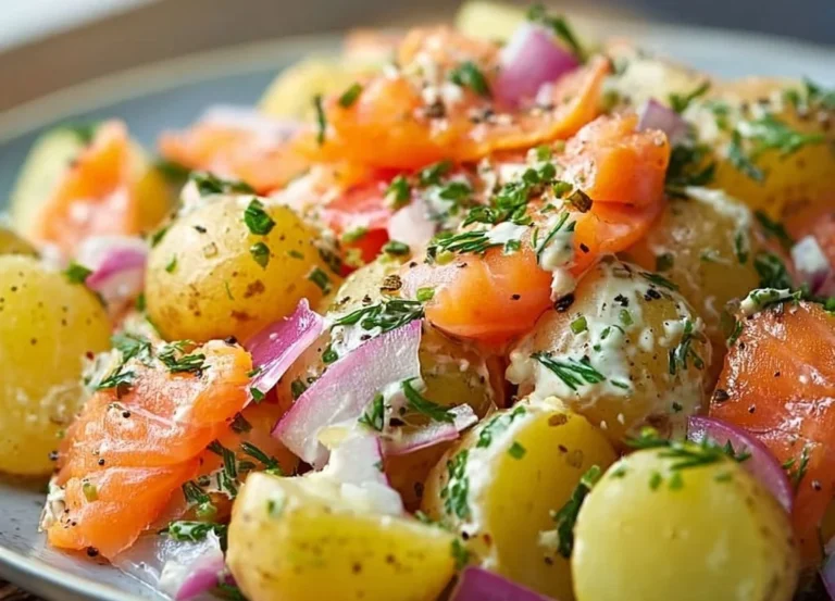 Salade de pommes de terre avec saumon fumé, fraîche et colorée.