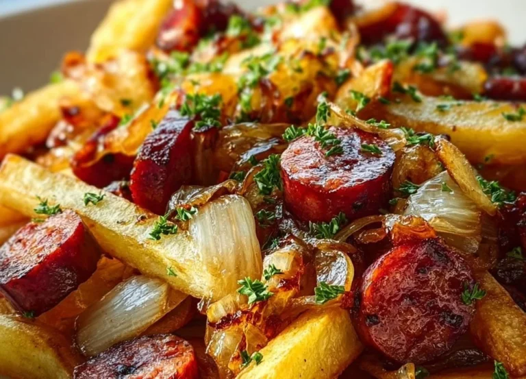 Frites croustillantes avec saucisse polonaise et oignons caramélisés