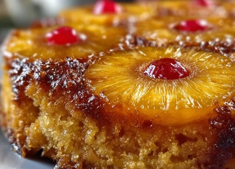 Gâteau renversé à l'ananas sur une jolie assiette décorée