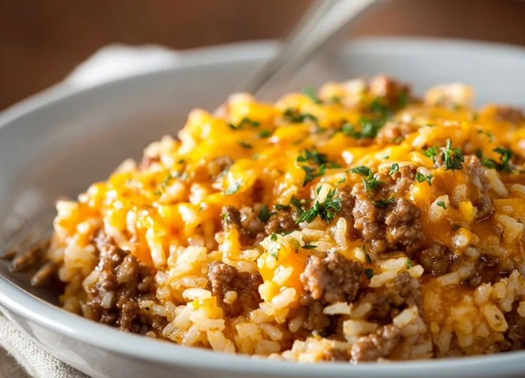 Gratin de riz au bœuf haché et au fromage fondant