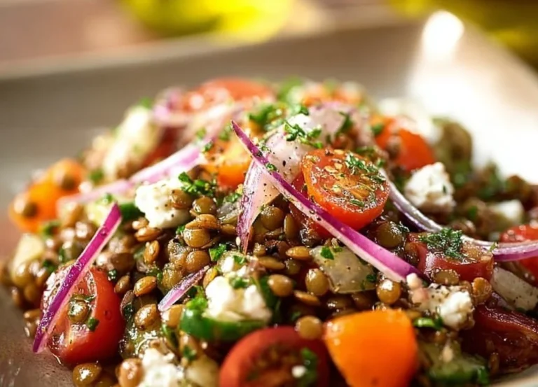 Lentilles en salade avec des ingrédients méditerranéens frais et colorés