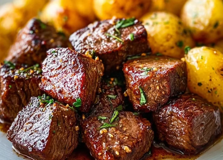 Mini-bouchées de steak à l’ail servies avec des pommes de terre croustillantes