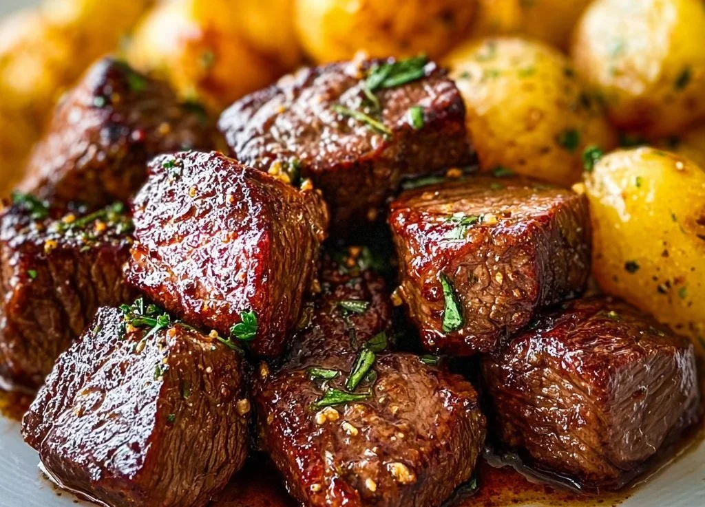 Mini-bouchées de steak à l’ail servies avec des pommes de terre croustillantes