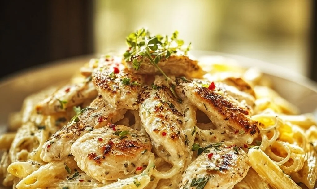Recette de pâtes au poulet "Épouse-moi" servie dans une assiette avec des herbes fraîches.