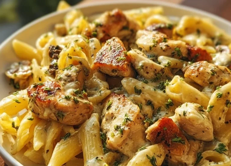 Plat savoureux de pâtes au poulet alliant saveurs et textures délicieuses.