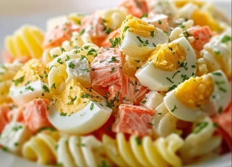 Salade surimi avec pâtes et œufs durs, plat coloré et gourmand