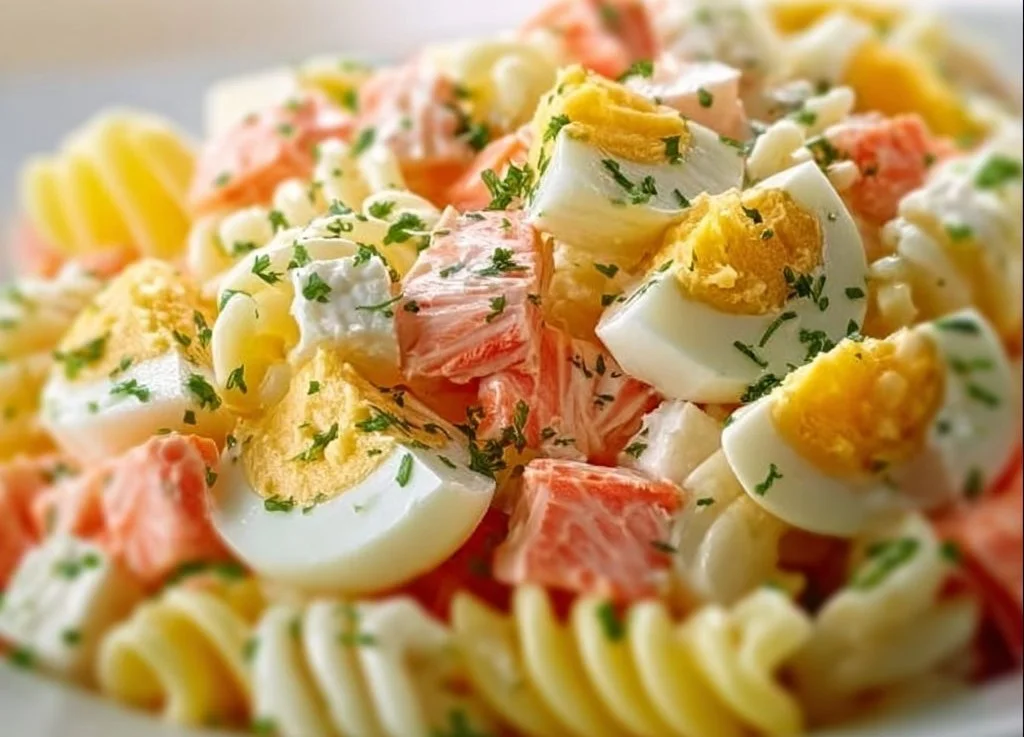 Salade surimi avec pâtes et œufs durs, plat coloré et gourmand