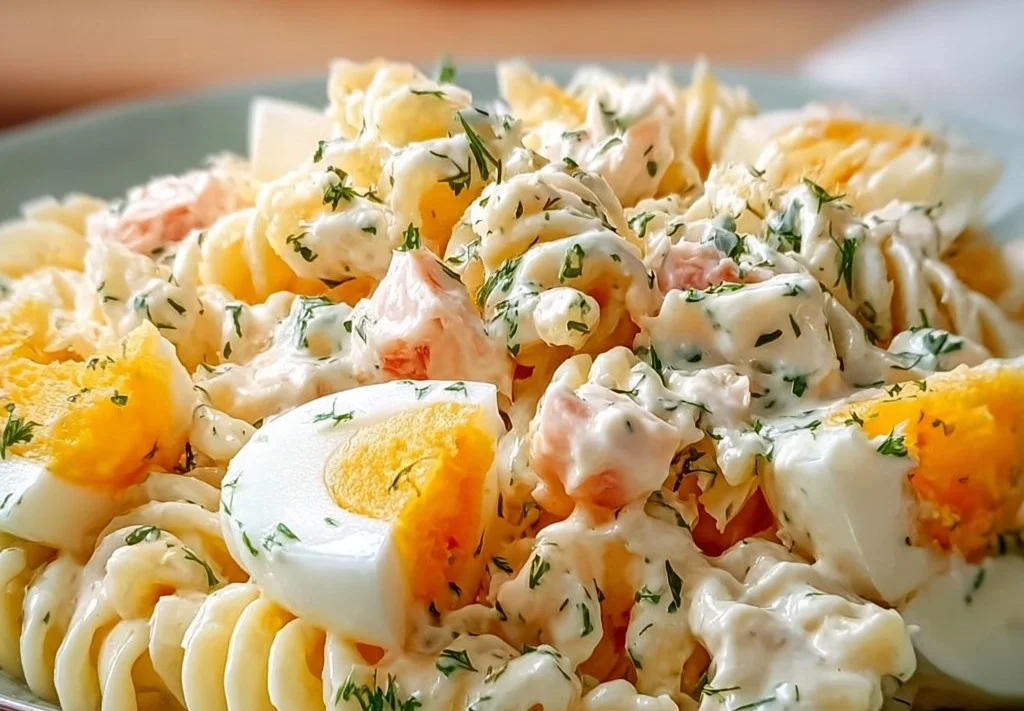 Pâtes en salade au surimi et œufs durs