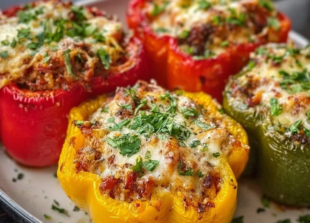 Poivrons farcis au fromage fondant, un plat savoureux et coloré.
