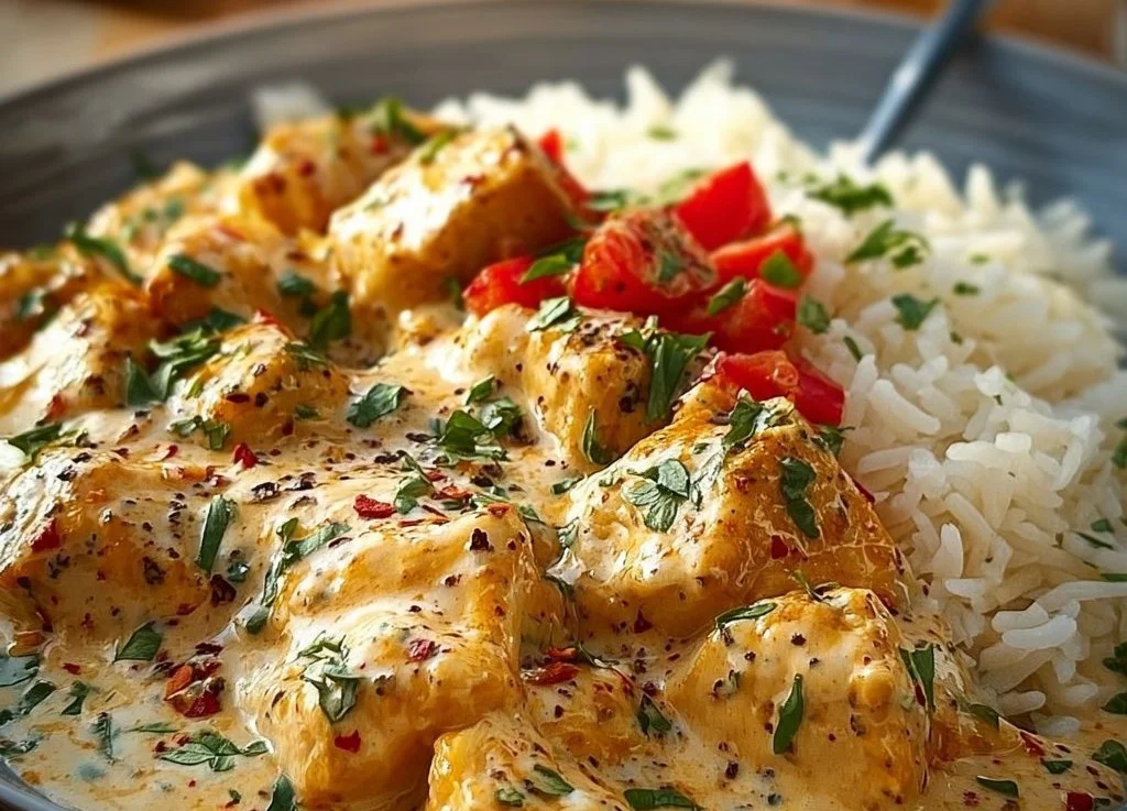 Poulet à la Crème servi sur un lit de Riz Velouté délicat et crémeux.