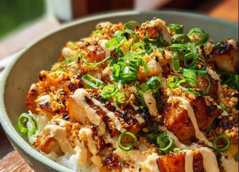 Bol de Poulet Bang Bang savoureux avec sauce épicée et garnitures fraîches
