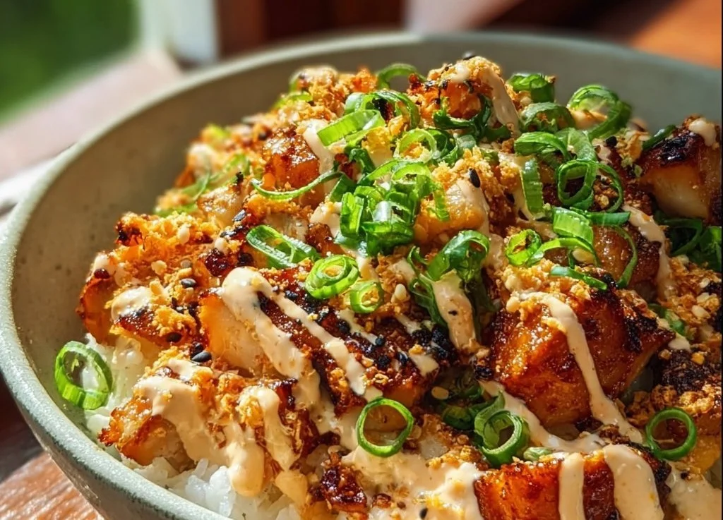 Bol de Poulet Bang Bang savoureux avec sauce épicée et garnitures fraîches