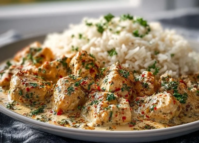 Poulet crémeux servi avec riz parfumé dans une assiette élégante.