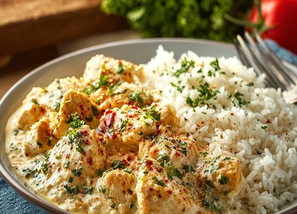 Poulet crémeux servi avec un riz parfumé dans une assiette appétissante.