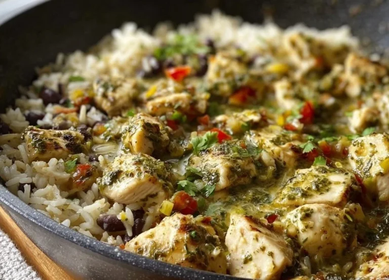 Poulet poêlé avec riz et salsa verde dans un plat appétissant