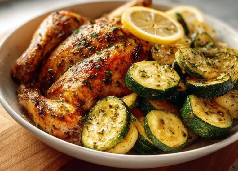 Poulet rôti facile avec courgettes sautées au citron sur une assiette aromatique.