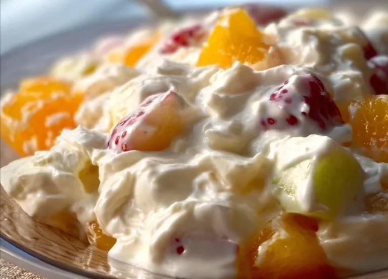 Salade de fruits à la crème fouettée prête à déguster, dessert frais et coloré.