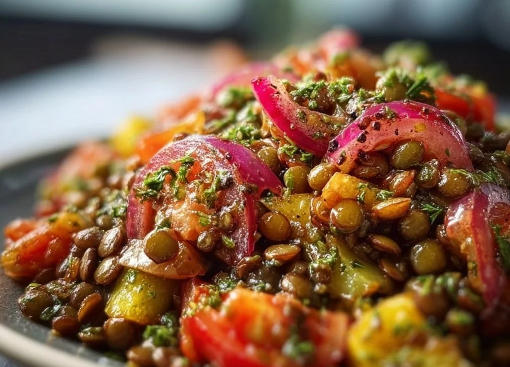 Salade de lentilles froides express et facile à préparer, garnie de légumes frais.