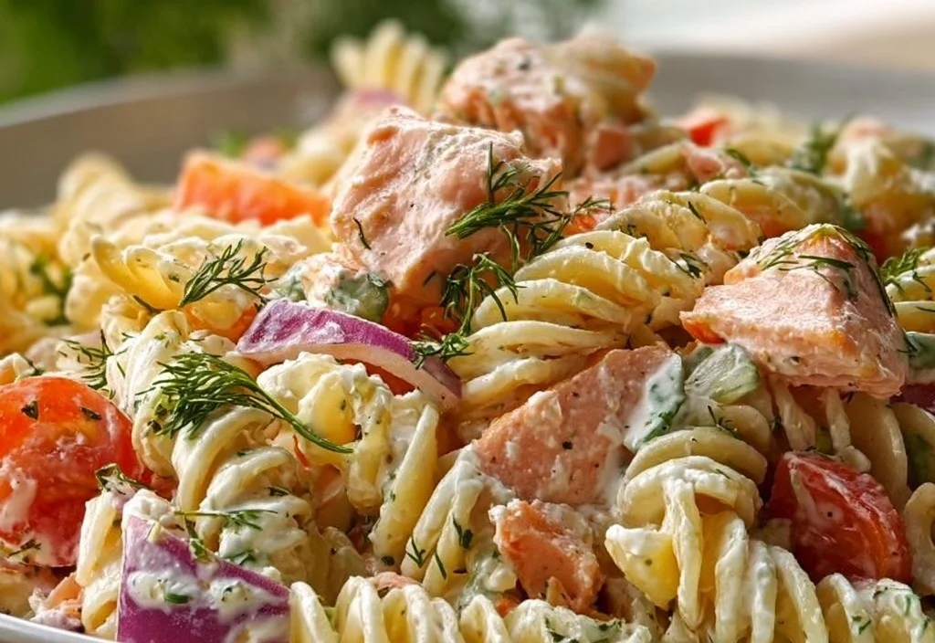 Salade de pâtes au saumon accompagnée d'une sauce crémeuse délicieuse.