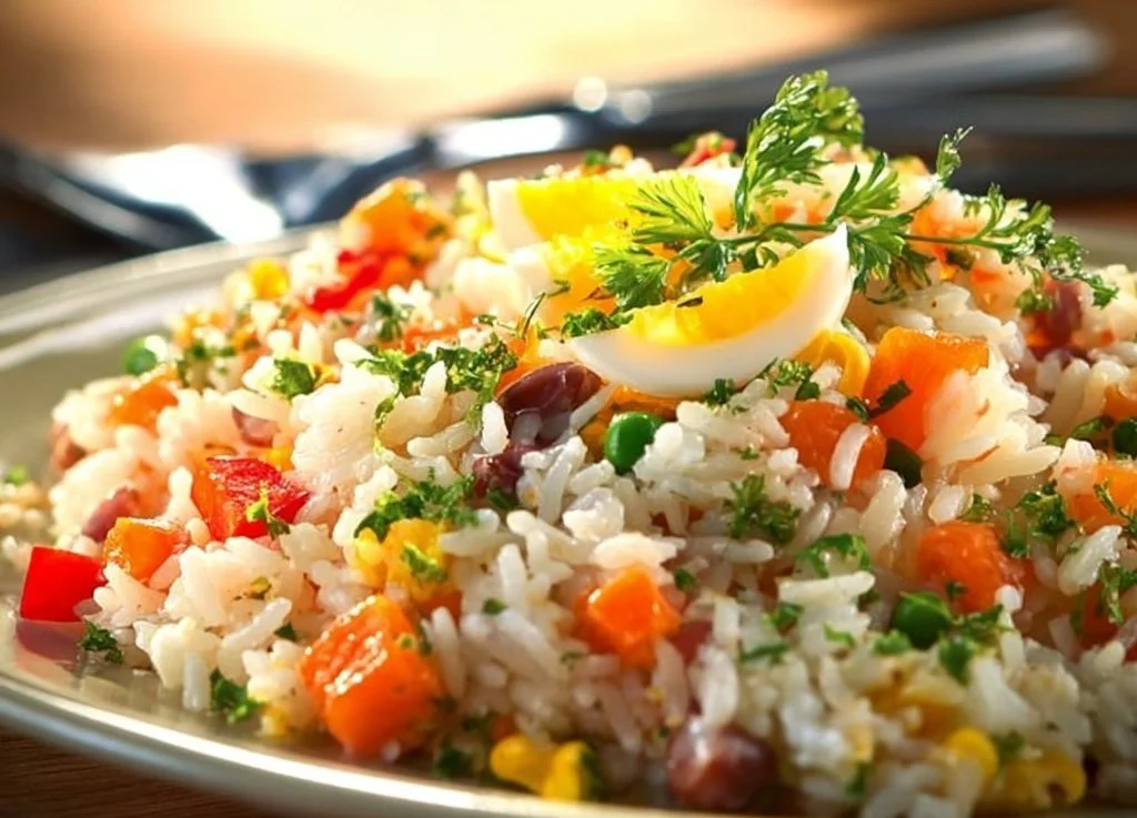 Salade de riz nourrissante et équilibrée servie dans un bol coloré