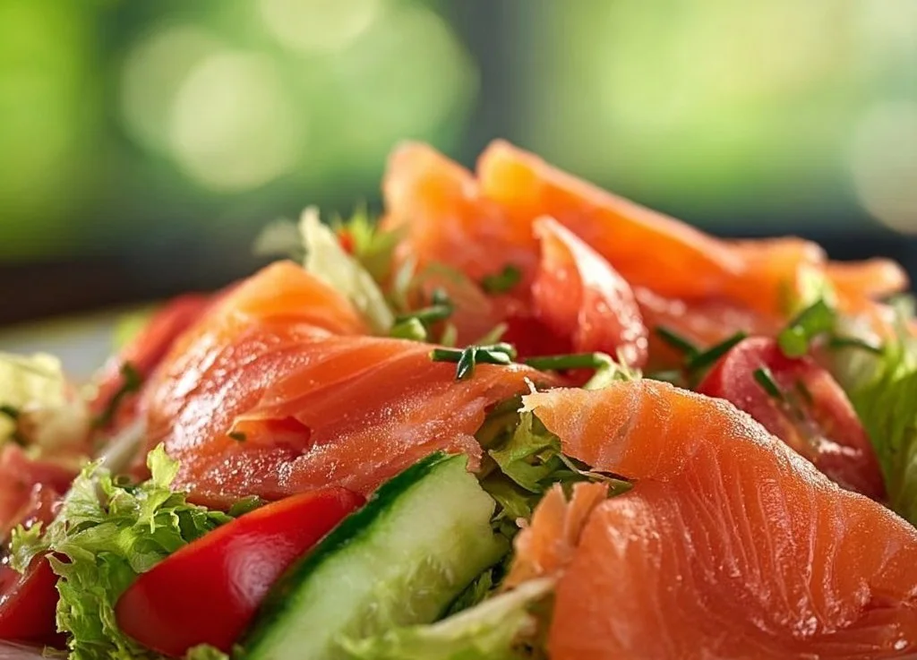 Salade de saumon fumé avec aneth et citron, présentation colorée et appétissante.