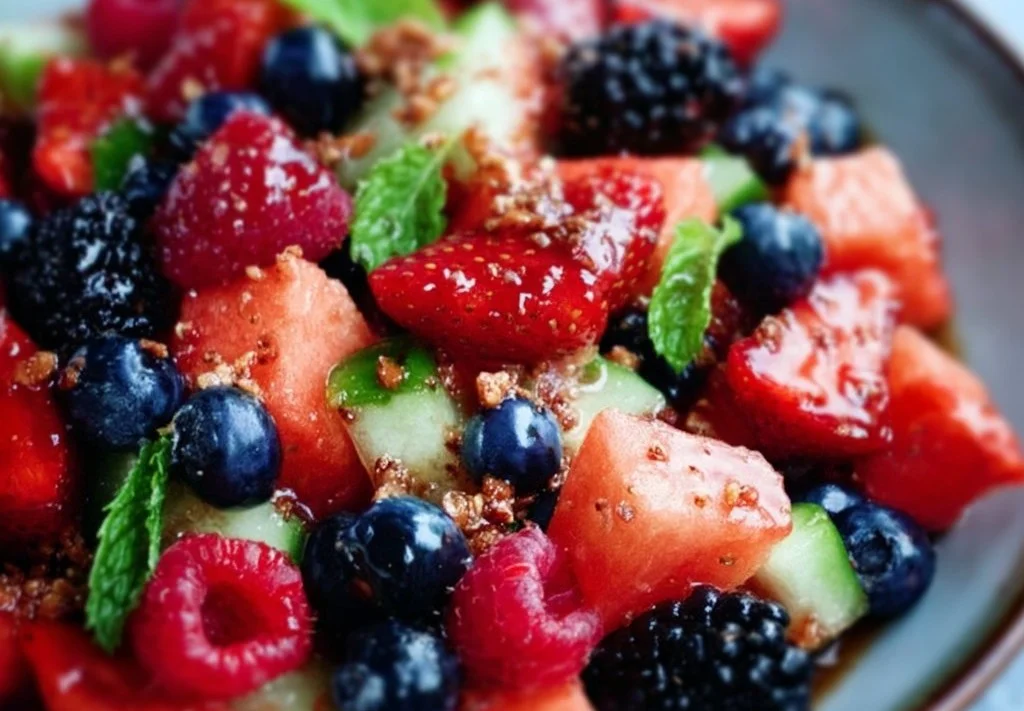 Salade estivale multicolore de baies et pastèque
