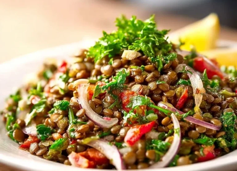 Salade libanaise de lentilles avec légumes frais et vinaigrette