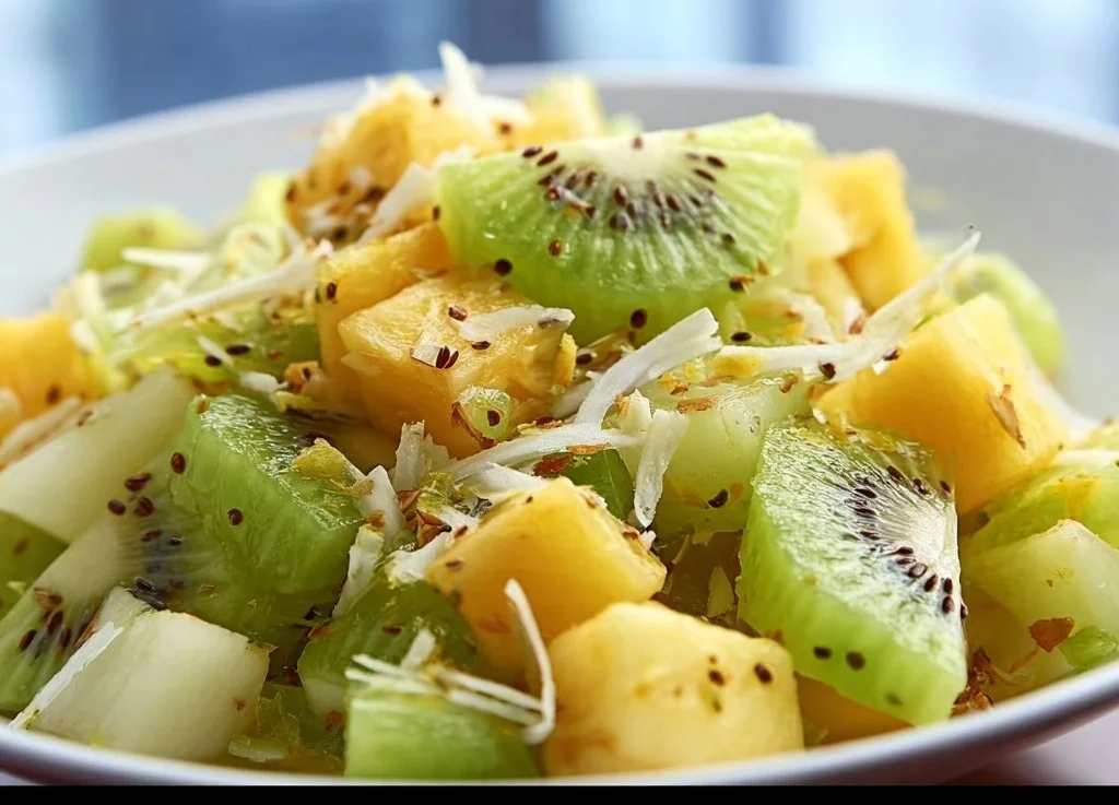 Salade rafraîchissante d'ananas et kiwi, idéale pour les repas d'été.