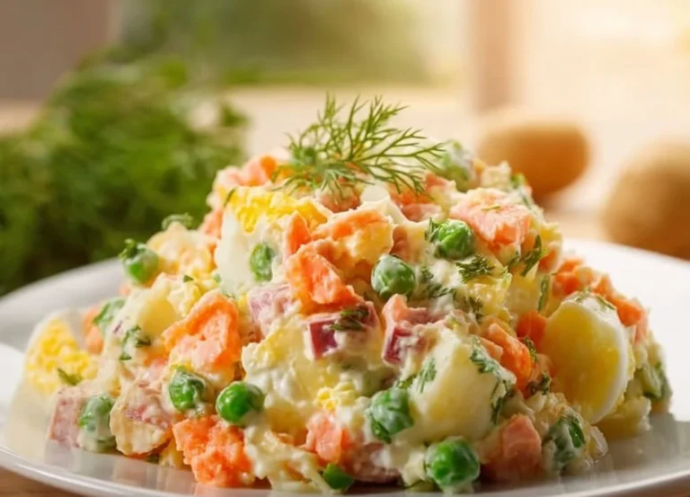 Assiette de Salade Russe colorée avec légumes et mayonnaise.