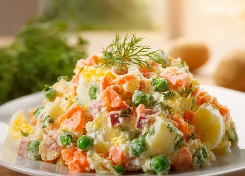 Assiette de Salade Russe colorée avec légumes et mayonnaise.