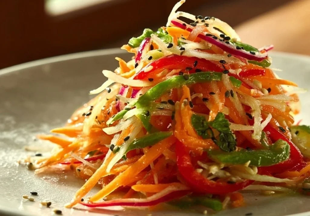Salade thaïe au gingembre et citron vert garnie de légumes frais