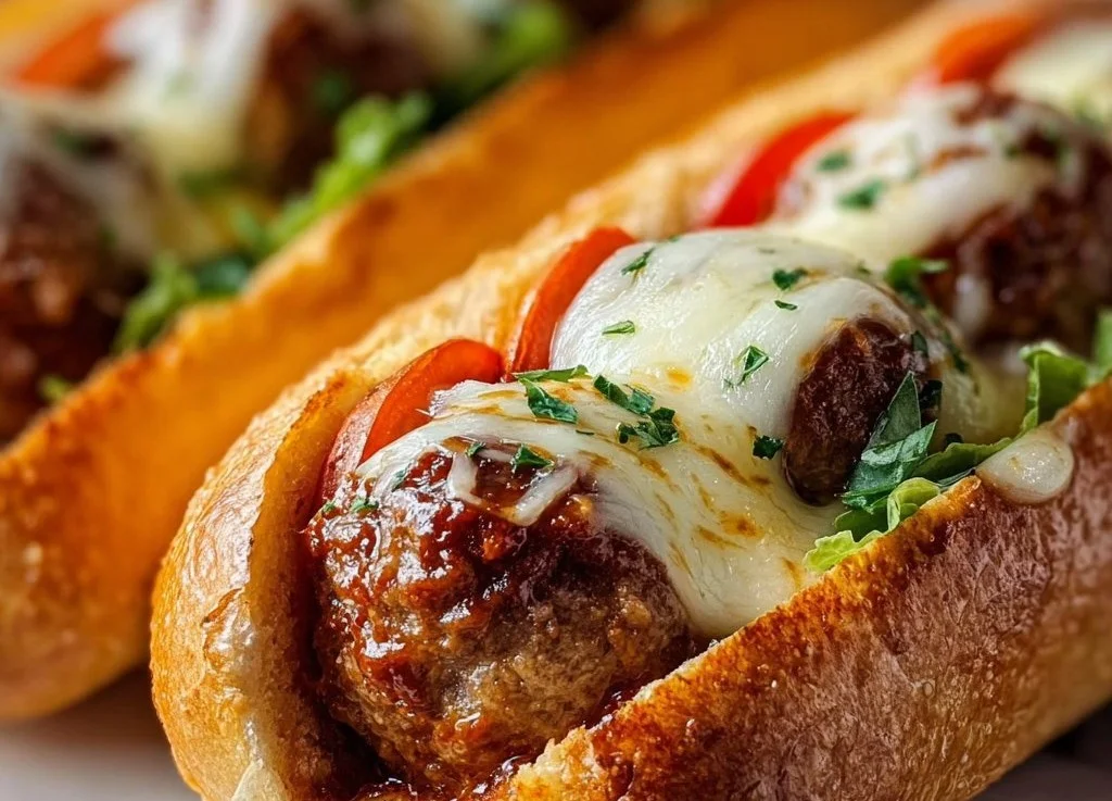 Sandwichs sous-marins with meatballs and cheese garniture