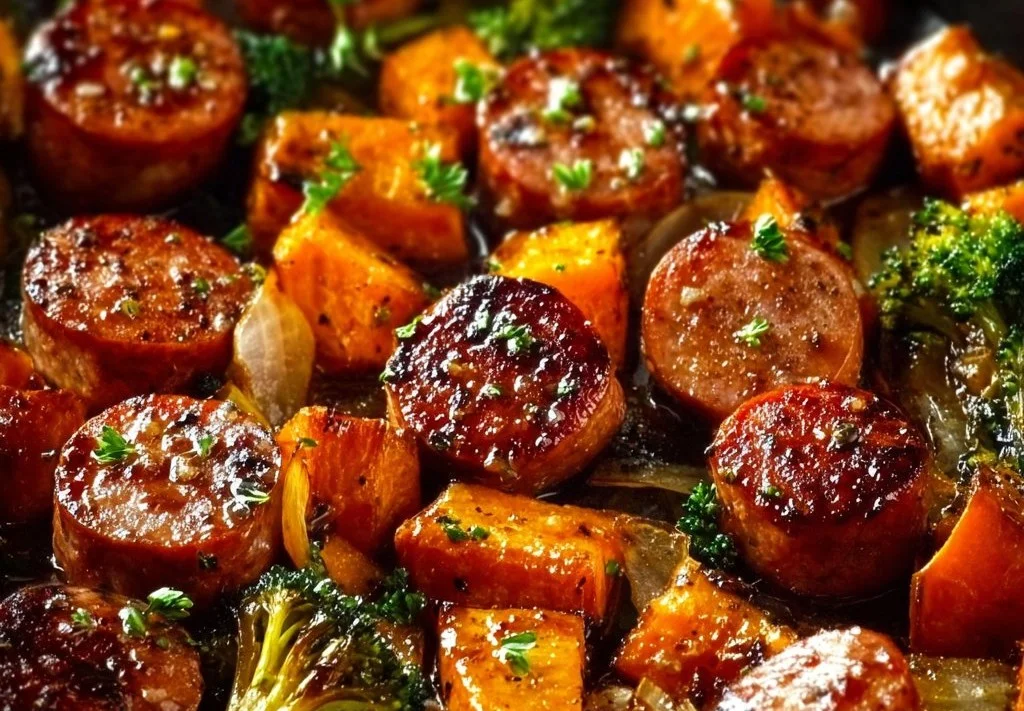 Saucisses dorées et patates douces rôties