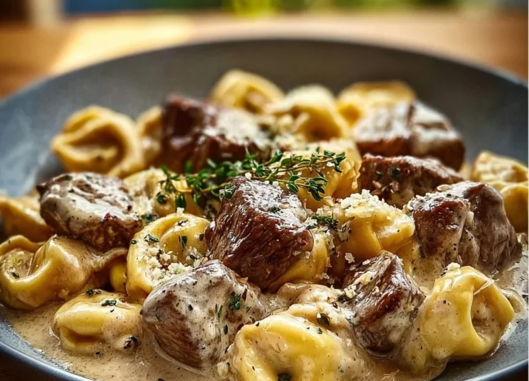 Tortellini au steak avec ail concassé et sauce crème maison, plat savoureux
