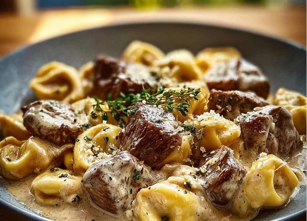 Tortellini au steak et ail concassé, sauce crème maison, pur bonheur