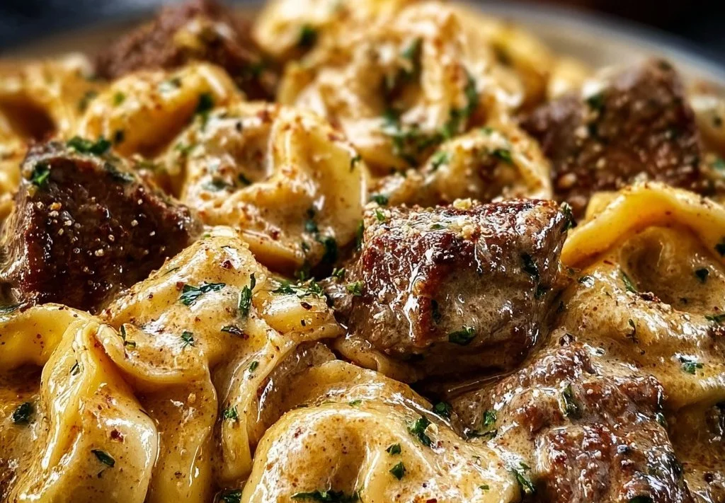 Tortellini au steak et ail concassé, sauce crème maison, pur bonheur